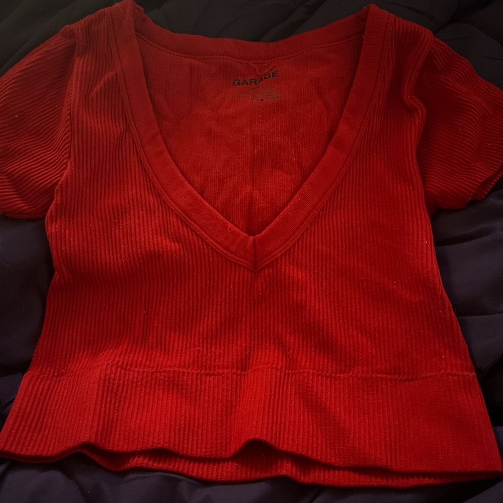 Garage Red Ribbed V-Neck Top